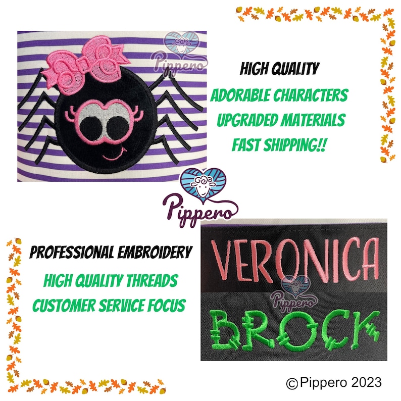 May include: A black and white striped fabric with a black spider applique with pink eyes, a pink bow, and a pink smile. The fabric is surrounded by a border of fall leaves. The text "Pippero" is visible in the image. The text "HIGH QUALITY", "ADORABLE CHARACTERS", "UPGRADED MATERIALS", and "FAST SHIPPING!!" is also visible in the image.