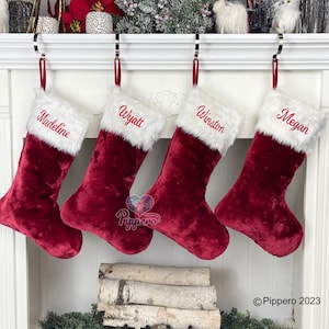 Red Velvet Plush Personalized Stocking | Velvet Custom Stocking - Family Knit Stockings - Red Christmas Stocking