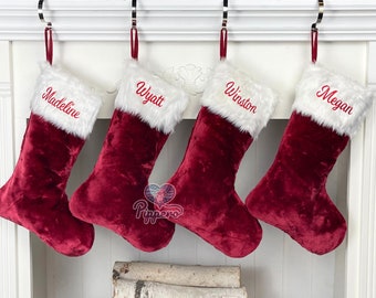 Red Velvet Plush Personalized Stocking | Velvet Custom Stocking - Family Knit Stockings - Red Christmas Stocking