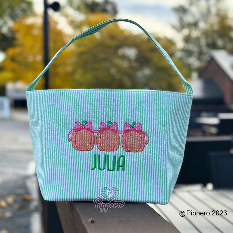 Personalized Custom Embroidered Striped Trick or Treat Halloween Bag Basket Bucket Tote Orange Pumpkin Design Kids Gift for Boy or Girl image 5