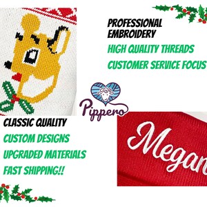 May include: A red knit stocking with white embroidery that reads "Megan". The stocking features a festive design with a yellow cartoon character and holly.