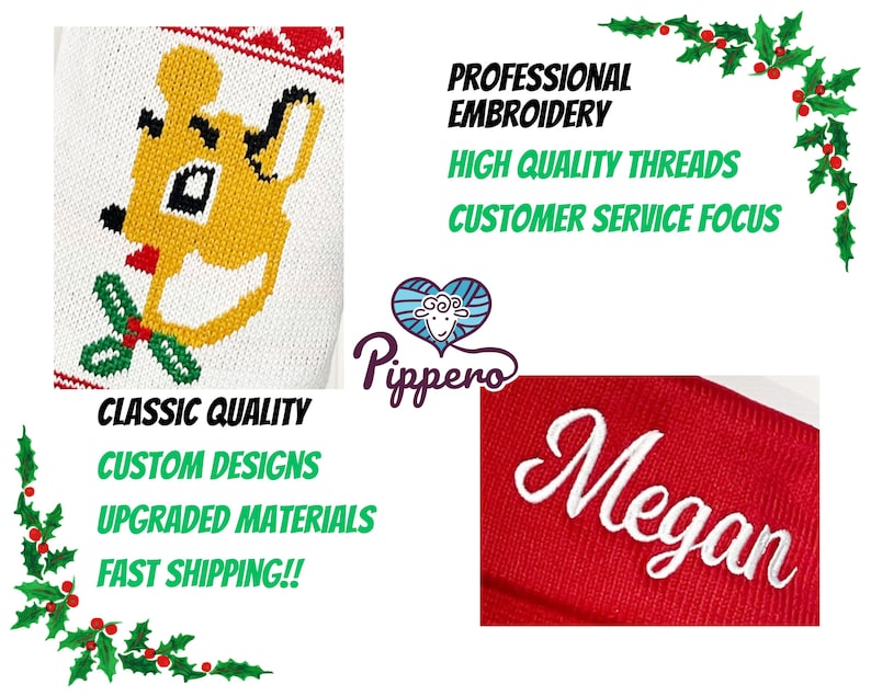 May include: A red knit stocking with white embroidery that reads "Megan". The stocking features a festive design with a yellow cartoon character and holly.