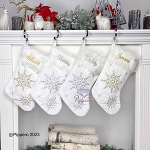 Gold Silver Personalized White Stocking | Ships Fast - Custom Christmas Stocking - Embroidered Family Stockings - Winter Stocking