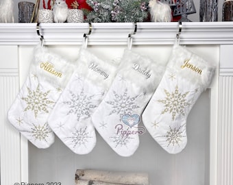 Gold Silver Personalized White Stocking | Ships Fast - Custom Christmas Stocking - Embroidered Family Stockings - Winter Stocking