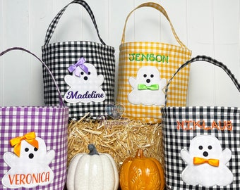 Personalized Custom Embroidered Gingham Trick or Treat Halloween Basket Bag Bucket Tote Ghost Appliqué Design Kid’s Gift for Boy or Girl