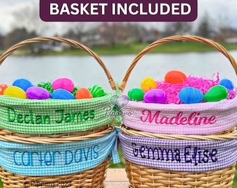 May include: Two woven wicker Easter baskets filled with colorful plastic eggs and pink paper grass. The baskets have gingham fabric liners and embroidered names: Declan James, Carter Davis, Madeline, and Gemma Elise. The text "Basket Included" is at the top.
