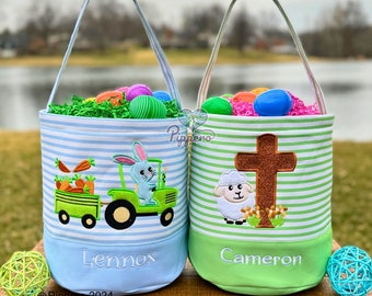 Personalized Easter Basket, Customized Easter Basket, Kid's Easter Basket, Embroidered Easter Basket, Christian Easter Basket, Tractor Bunny