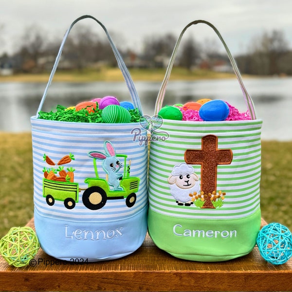 Personalized Easter Basket, Customized Easter Basket, Kid's Easter Basket, Embroidered Easter Basket, Christian Easter Basket, Tractor Bunny