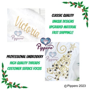 May include: White Christmas stocking with gold embroidery of a stylized Christmas tree and a star. The stocking is personalized with the name "Victoria" in gold thread. The stocking is made by Pippero.