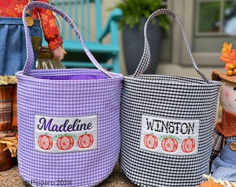 Personalized Custom Embroidered Gingham Trick or Treat Halloween Basket Bag Bucket Tote Orange Pumpkin Design Kid’s Gift for Boy or Girl