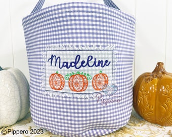 Personalized Custom Embroidered Gingham Trick or Treat Halloween Basket Bag Bucket Tote Orange Pumpkin Design Kid’s Gift for Boy or Girl