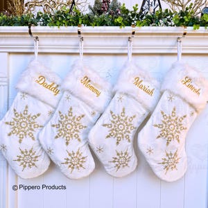 Classic Elegant Embroidered Monogrammed Personalized Gold Family Christmas Stockings with beaded Snowflake design and full furry cuff