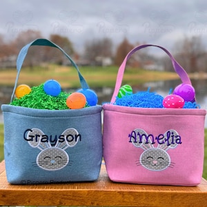 Personalized Embroidered Monogrammed Easter Basket with Adorable Custom Design Bunny Character Gift for Boy or Girl Blue Pink Tan Purple