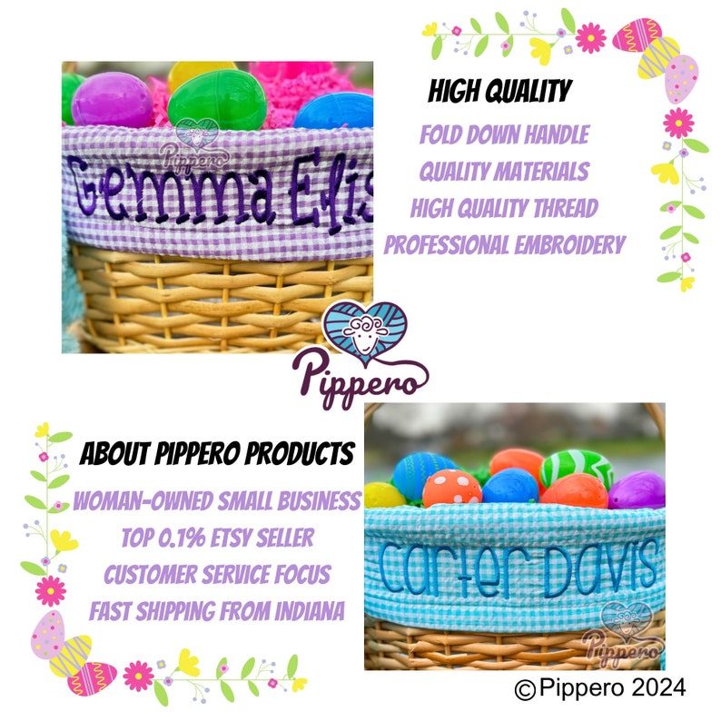 Pode incluir: Cesta de P&aacute;scoa de vime com forro de tecido xadrez vichy bordado com o nome "Gemma Elise". A cesta &eacute; preenchida com ovos de P&aacute;scoa de pl&aacute;stico coloridos. O texto "Carter Davis" &eacute; bordado em outra cesta. A imagem inclui o texto "High Quality".