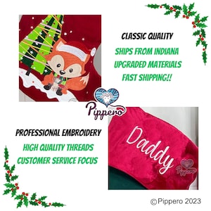 May include: Red Christmas stocking with a fox and a Christmas tree embroidered on it. The stocking is personalized with the word "Daddy" in white embroidery. The stocking is made with high quality threads and has a professional embroidery design.