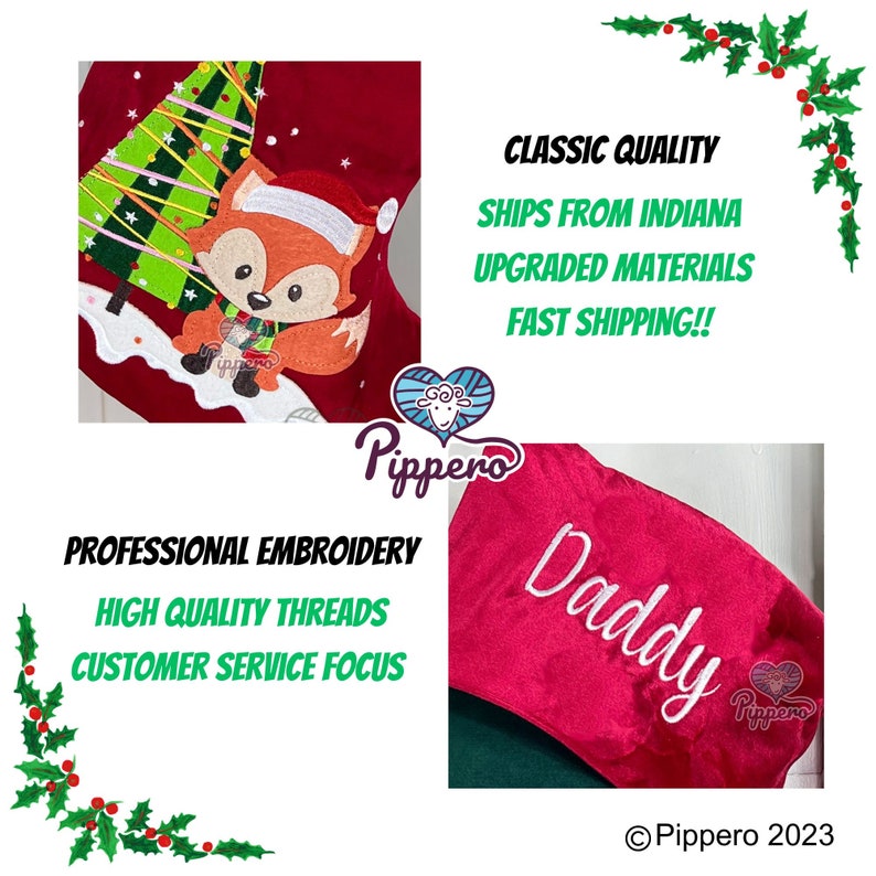 May include: Red Christmas stocking with a fox and a Christmas tree embroidered on it. The stocking is personalized with the word "Daddy" in white embroidery. The stocking is made with high quality threads and has a professional embroidery design.