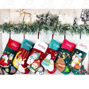 Personalized Custom Embroidered Classic Red Velvet Family Christmas Stockings with Charming Santa Angel Fox Polar Bear Snowmen Deer Designs