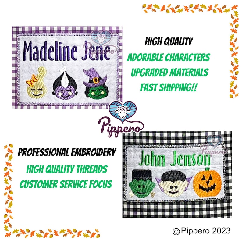 May include: Embroidered name patches with Halloween-themed designs. One patch features the name "Madeline Jene" with a bunny, vampire, and witch. The other patch has "John Jenson" with Frankenstein, vampire, and pumpkin.