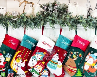 Personalized Custom Embroidered Classic Red Velvet Family Christmas Stockings with Charming Santa Angel Fox Polar Bear Snowmen Deer Designs