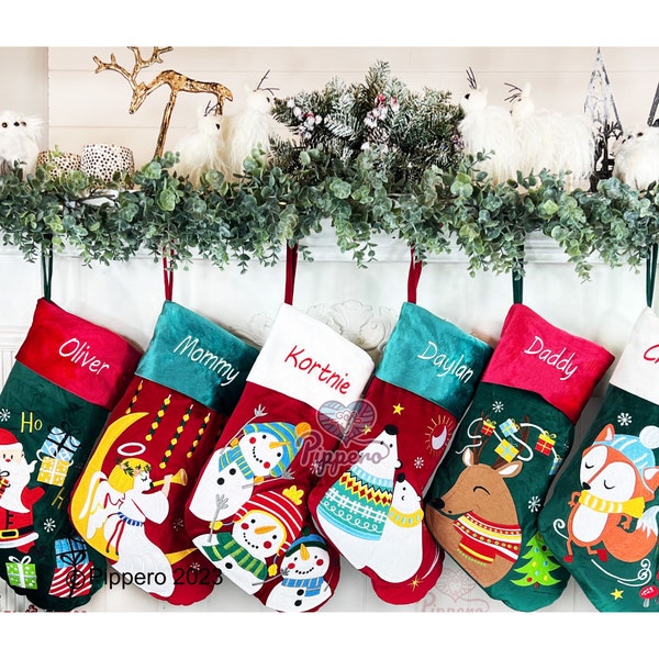 Personalized Custom Embroidered Classic Red Velvet Family Christmas Stockings with Charming Santa Angel Fox Polar Bear Snowmen Deer Designs