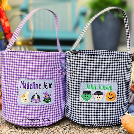 Personalized Custom Design Embroidered Halloween Trick-or-Treat Candy Basket Bag Bucket Tote Dracula Frankenstein Witch Pumpkin Boy Girl