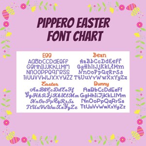 Pode incluir: Uma tabela de fontes para designs com tema de P&aacute;scoa. O texto "PIPPERO EASTER FONT CHART" &eacute; em roxo escuro. S&atilde;o apresentados exemplos de fontes como "Egg", "Bean", "Easter" e "Bunny", cada uma em uma cor diferente.
