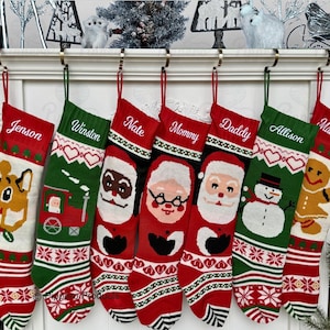 Extra Large Jumbo Custom Design Personalized Embroidered Classic Knit Family Christmas Stockings with African American Brown Black Santa