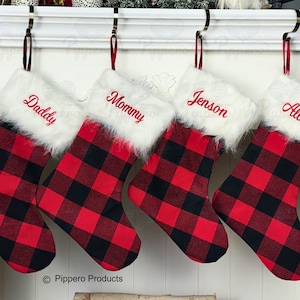 Personalized Custom Embroidered Classic Buffalo Plaid Design Family Stocking with Fur Cuff