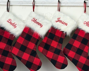 Personalized Custom Embroidered Classic Buffalo Plaid Design Family Stocking with Fur Cuff