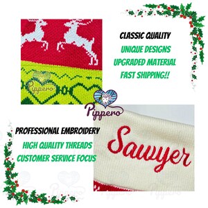 May include: A white knitted stocking with red embroidered text that reads "Sawyer". The stocking has a red and green pattern with a white reindeer design. The text "Pippero" is visible in the bottom left corner of the image.
