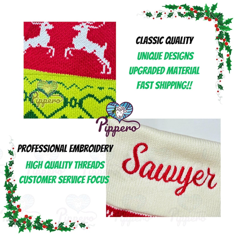 May include: A white knitted stocking with red embroidered text that reads "Sawyer". The stocking has a red and green pattern with a white reindeer design. The text "Pippero" is visible in the bottom left corner of the image.