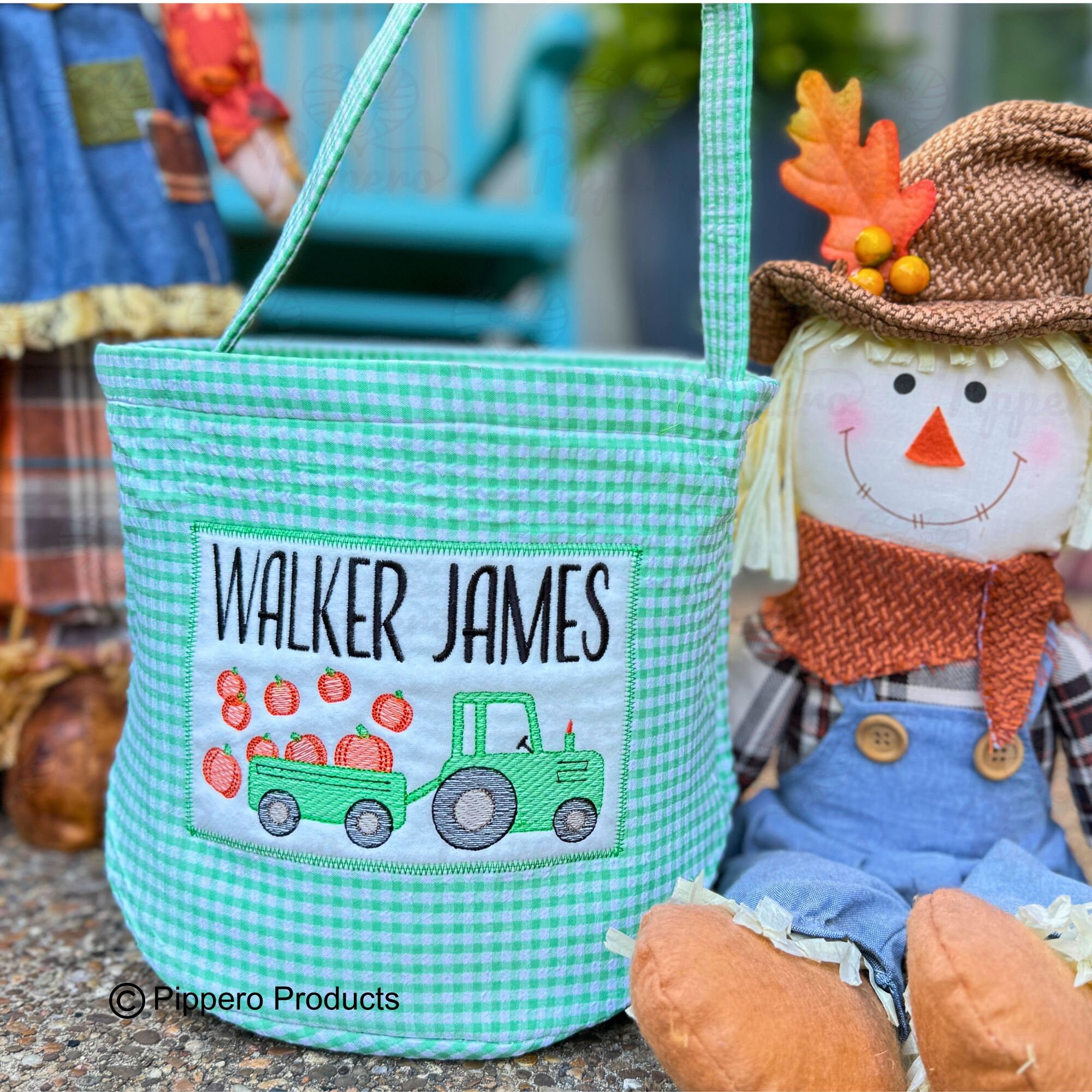 Discover Personalized Gingham Trick Trunk or Treat Halloween Bag Basket Bucket Tote Tractor Patch Design Kid Gift for Boy or Girl