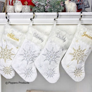 Gold Silver Personalized White Stocking | Ships Fast - Custom Christmas Stocking - Embroidered Family Stockings - Winter Stocking
