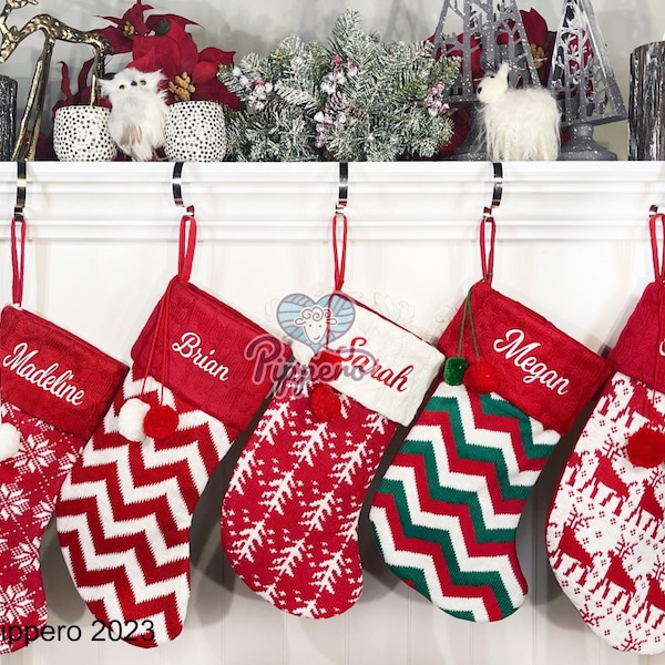 Personalized Custom Embroidered Classic Knit Family Christmas Stockings with Red White Green Holiday Themed Designs