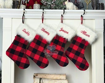 Personalized Custom Embroidered Classic Buffalo Plaid Design Family Stocking with Fur Cuff