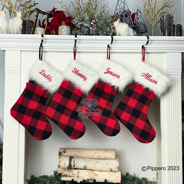 Personalized Custom Embroidered Classic Buffalo Plaid Design Family Stocking with Fur Cuff