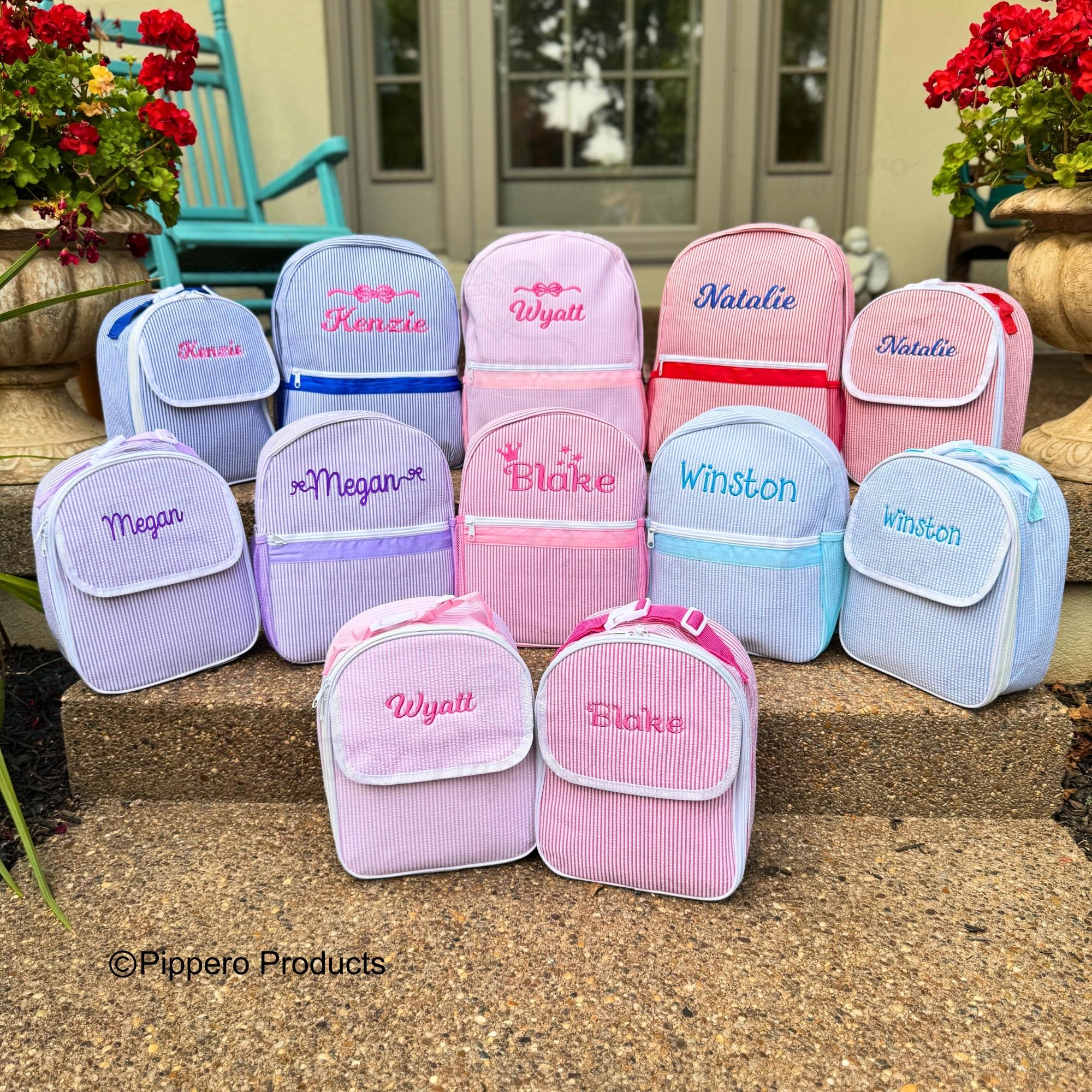 Personalized Kid's or Toddler Backpack, Matching Insulated Lunch Bag, Back to School Gift for Boy or Girl, Seersucker design, Embroidered
