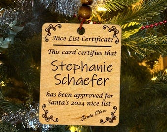 Personalized Christmas Ornament Santa Nice List Certificate Wooden Engraved Gift