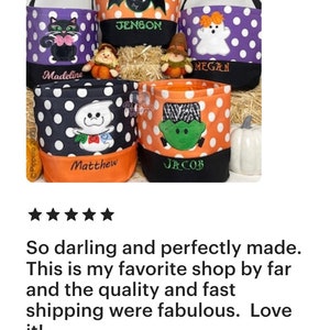 May include: Five Halloween trick-or-treat bags with black and white polka dots. The bags are personalized with names: Madeline, Jenson, Megan, Matthew, and Jacob. Each bag features a different Halloween character: a black cat, a bat, a ghost, a ghost, and Frankenstein.