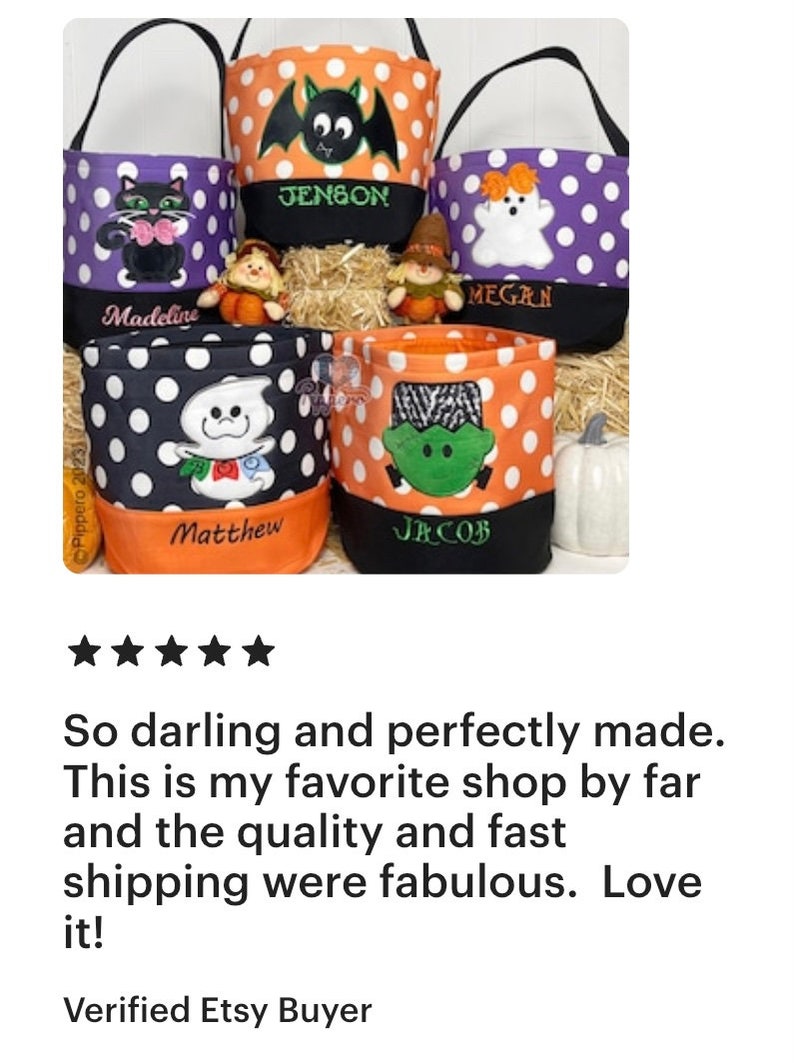 May include: Five Halloween trick-or-treat bags with black and white polka dots. The bags are personalized with names: Madeline, Jenson, Megan, Matthew, and Jacob. Each bag features a different Halloween character: a black cat, a bat, a ghost, a ghost, and Frankenstein.