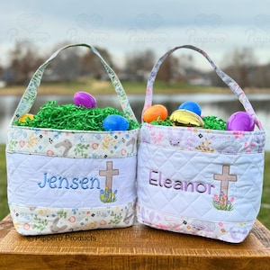 Personalized Religious Cross Quilted Easter Basket,  Customized Easter Basket, Kid&#39;s Easter Basket, Embroidered Basket