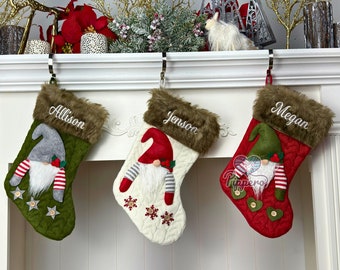 Personalized Custom Embroidered Holiday Gnome Family Christmas Stockings in Red Green and White Colors