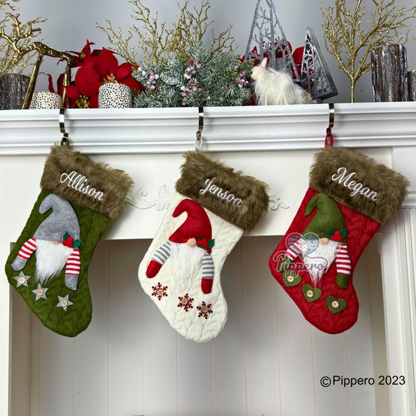 Personalized Custom Embroidered Holiday Gnome Family Christmas Stockings in Red Green and White Colors