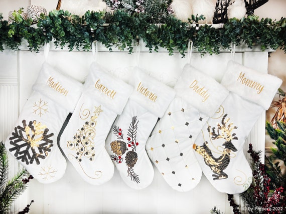 Gold Stockings,  Velvet Stockings, Elegant Stockings, Embroidered Stocking, Family Stockings, Christmas Stockings, Classic Stockings