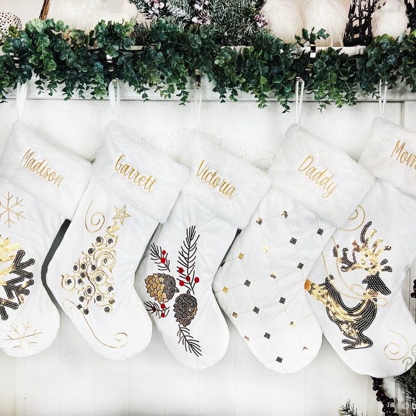 Gold Stockings,  Velvet Stockings, Elegant Stockings, Embroidered Stocking, Family Stockings, Christmas Stockings, Classic Stockings