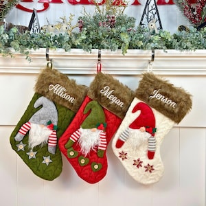 Personalized Custom Embroidered Holiday Gnome Family Christmas Stockings in Red Green and White Colors