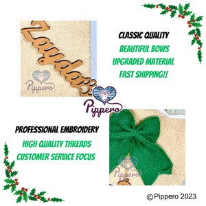 May include: Green burlap bow with a personalized wooden sign that reads "Zandon" with the text "Pippero" and the company logo. The sign is on a burlap background. The text "CLASSIC QUALITY", "BEAUTIFUL BOWS", "UPGRADED MATERIAL", "FAST SHIPPING!!", "PROFESSIONAL EMBROIDERY", "HIGH QUALITY THREADS", "CUSTOMER SERVICE FOCUS", and "Pippero 2023" is also visible.