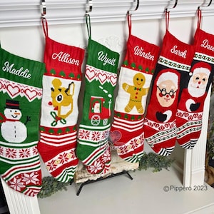 Personalized Custom Embroidered Monogramed Family Knit Christmas Stockings Socks with Santa Deer Train Gingerbread Snowman Mrs. Claus