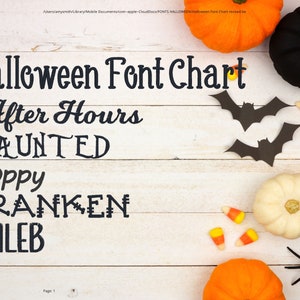May include: A white wood background with black text that reads "Halloween Font Chart" followed by the words "After Hours", "HAUNTED", "Boppy", "FRANKEN", and "CALEB". There are orange and black pumpkins, candy corn, bats, and a spider on the background.