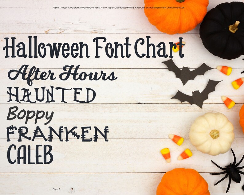 May include: A white wood background with black text that reads "Halloween Font Chart" followed by the words "After Hours", "HAUNTED", "Boppy", "FRANKEN", and "CALEB". There are orange and black pumpkins, candy corn, bats, and a spider on the background.